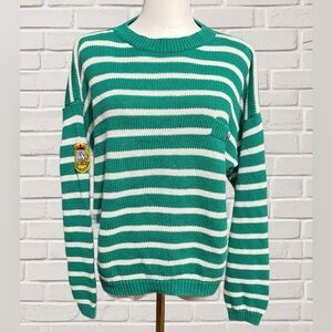 Vintage 80s-90s Tarazzia Green White Striped CrestCrew Sweater Preppy Nautical L